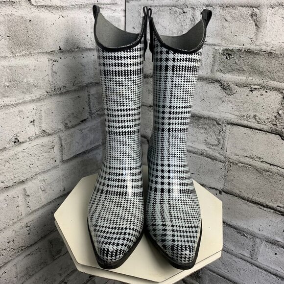 Daily Shoes Plaid Western Pointed Toe Rubber Rain Boots - Picture 2 of 10